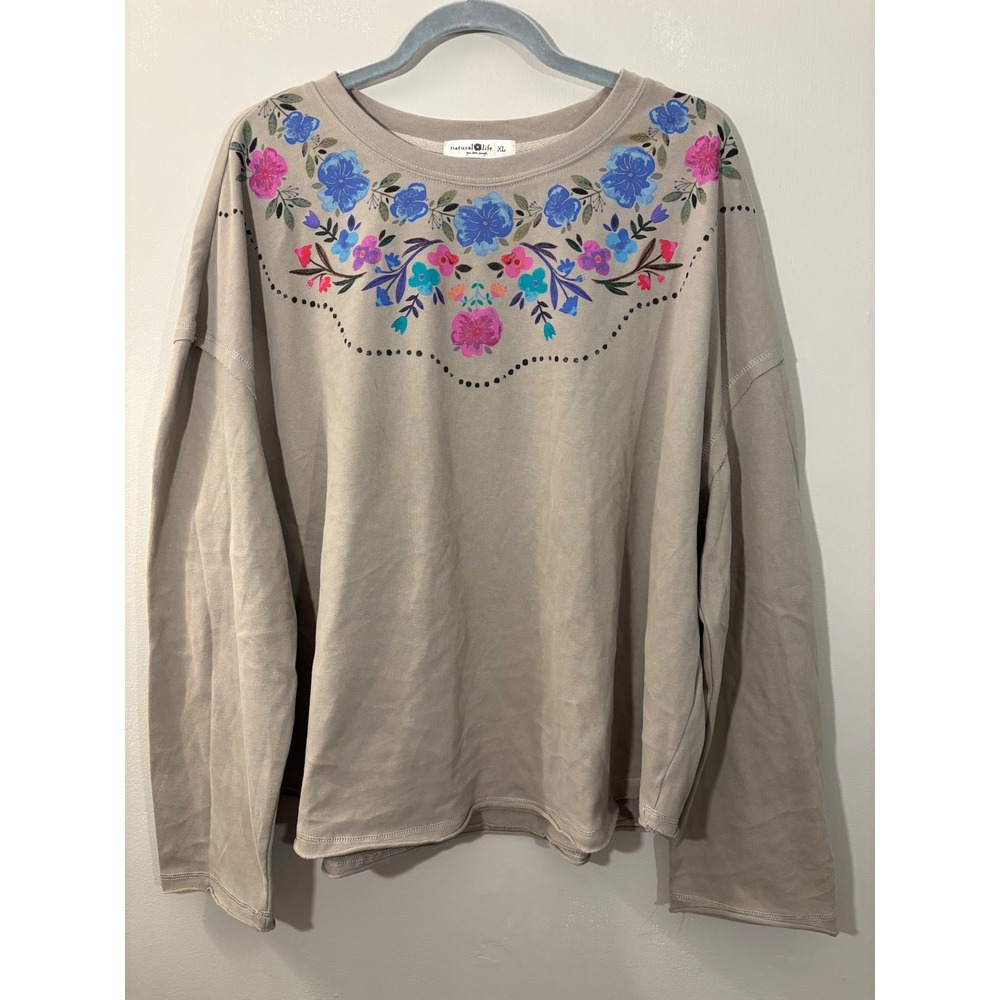Natural Life Gray Floral Long Sleeve T Shirt XL Boho